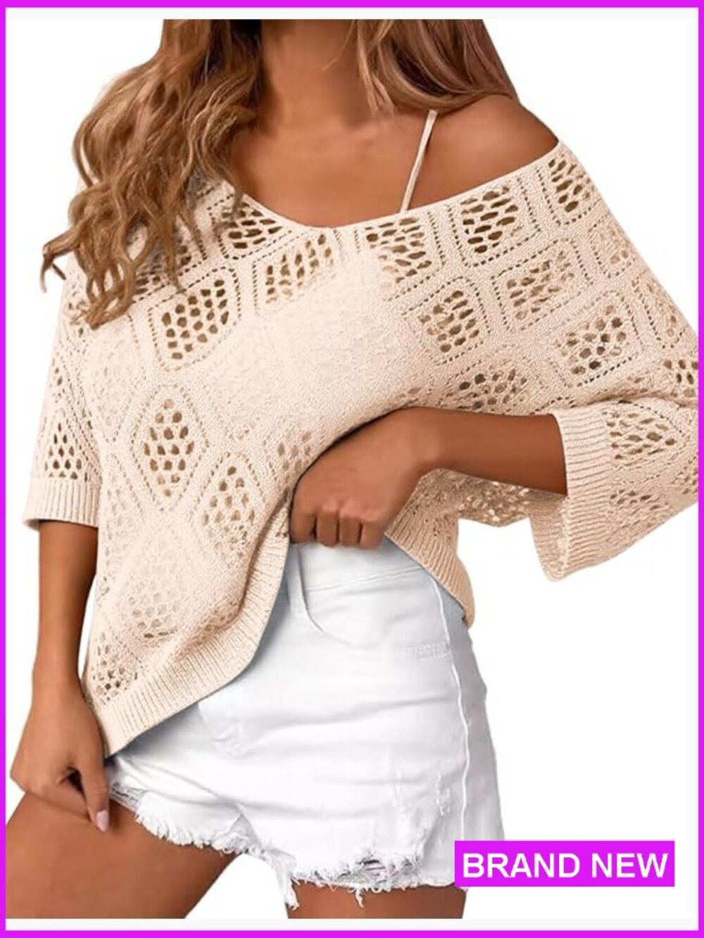3/4 Sleeve Crochet Top Off Shoulder Hollow Out V Neck Knit Pullover Beach Cover